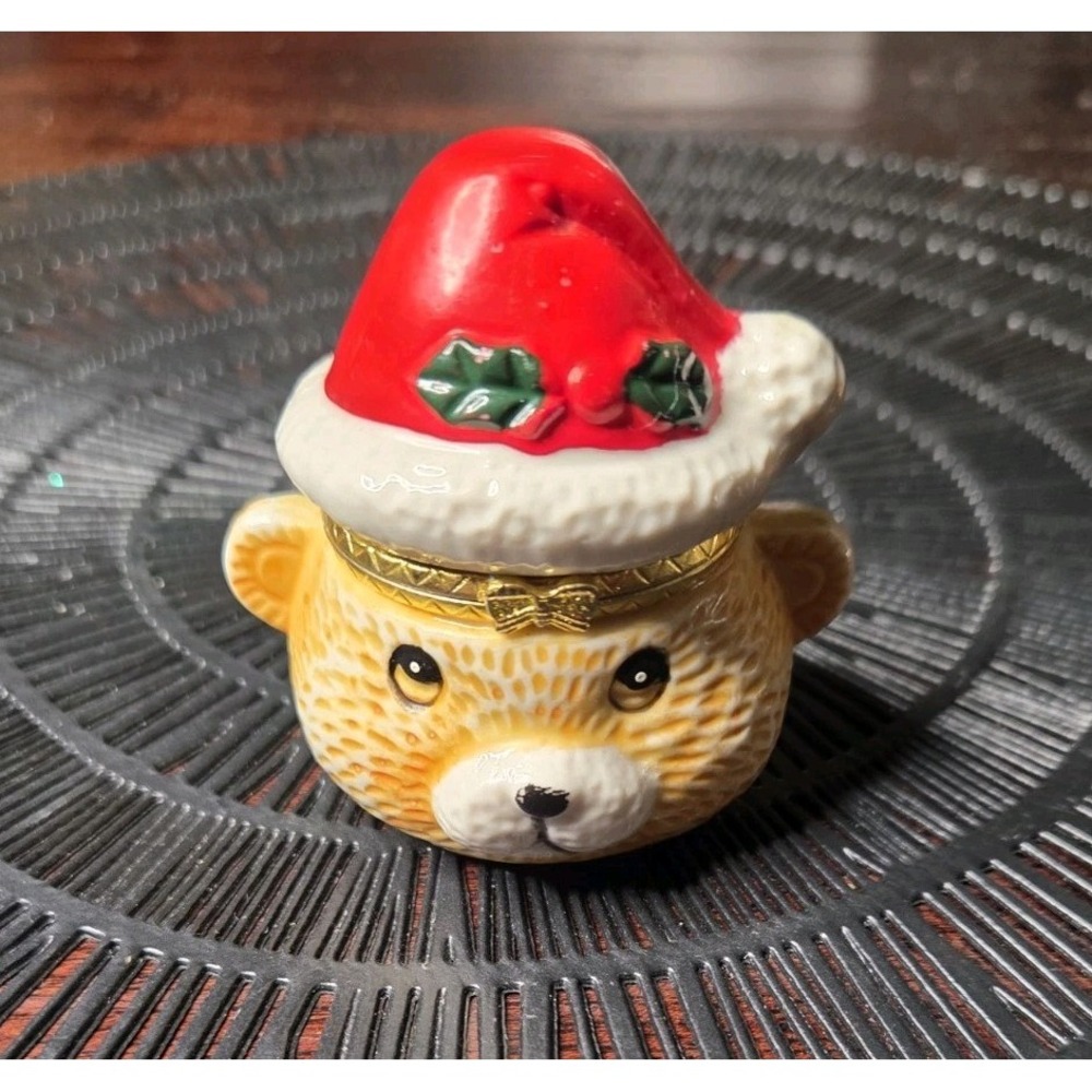 RARE Glazed Christmas Teddy Bear Trinket Box